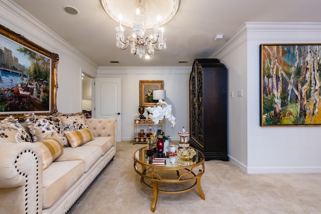 102 Falata Cir, Little Rock, AR 72223 - living area with an inviting chandelier, light carpet, crown molding, and baseboards