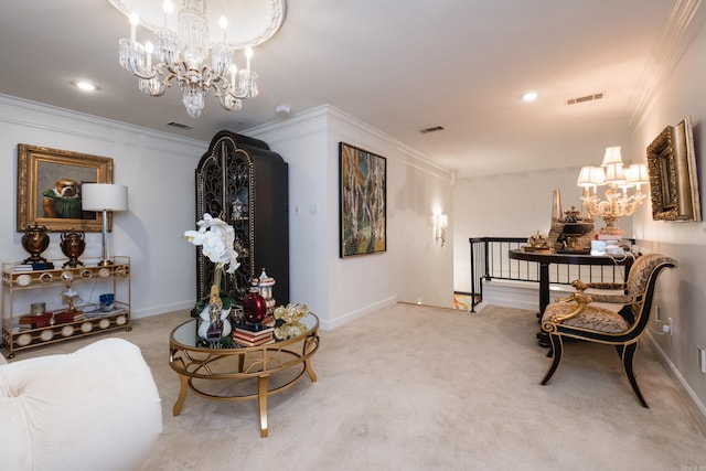 102 Falata Cir, Little Rock, AR 72223 - living area featuring a notable chandelier, crown molding, and carpet floors