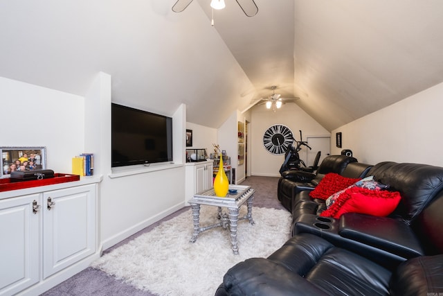 102 Falata Cir, Little Rock, AR 72223 - carpeted living room featuring a ceiling fan, lofted ceiling, and baseboards