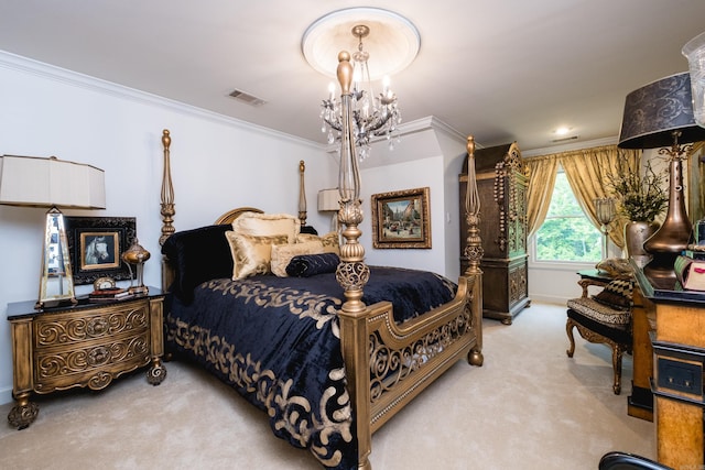 102 Falata Cir, Little Rock, AR 72223 - bedroom with light carpet, crown molding, an inviting chandelier, and visible vents