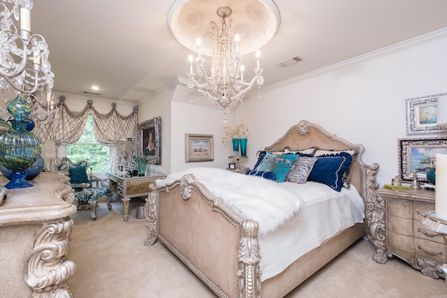 102 Falata Cir, Little Rock, AR 72223 - bedroom featuring carpet, a chandelier, visible vents, and ornamental molding