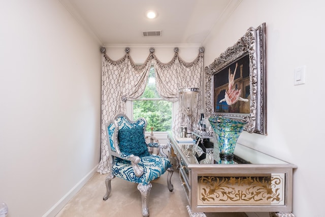102 Falata Cir, Little Rock, AR 72223 - sitting room with carpet, visible vents, baseboards, and ornamental molding