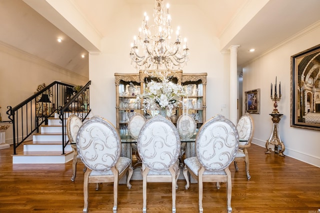 102 Falata Cir, Little Rock, AR 72223 - dining space featuring an inviting chandelier, crown molding, vaulted ceiling, stairway, and wood finished floors