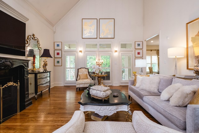 102 Falata Cir, Little Rock, AR 72223 - living room with crown molding, wood finished floors, and high vaulted ceiling