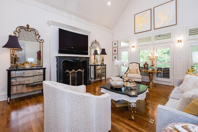 102 Falata Cir, Little Rock, AR 72223 - living area featuring wood finished floors, a fireplace, ornamental molding, and high vaulted ceiling