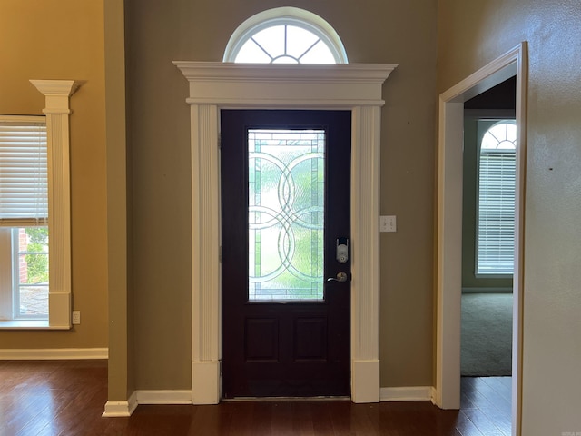 foyer entrance featuring dark wood-type flooring and baseboards