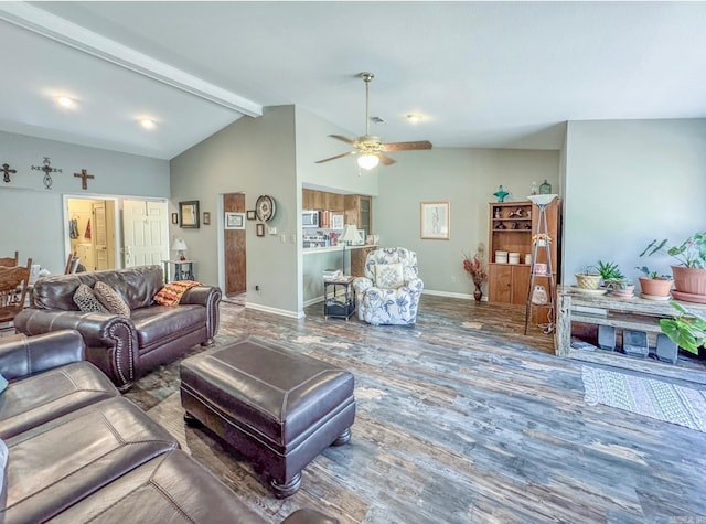 living room with baseboards, lofted ceiling with beams, ceiling fan, and wood finished floors