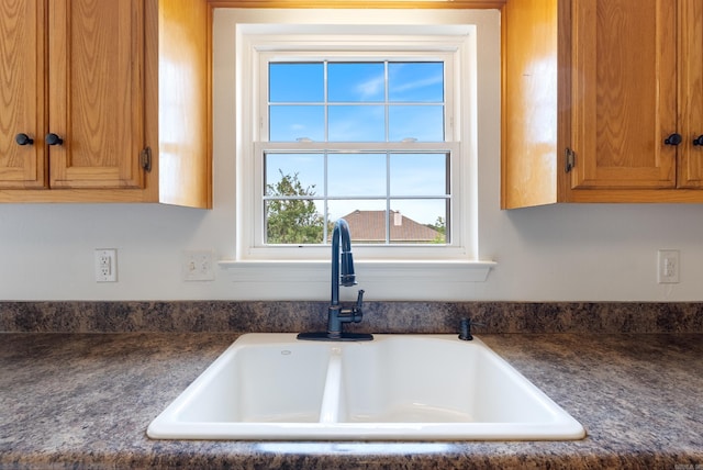 122 Apple Blossom Loop, Maumelle, AR 72113 - details featuring dark countertops, brown cabinetry, and a sink