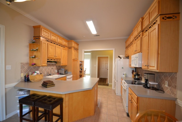 3810 Hanover Dr, Bryant, AR 72022 - kitchen featuring white appliances, a sink, open shelves, a peninsula, and tasteful backsplash