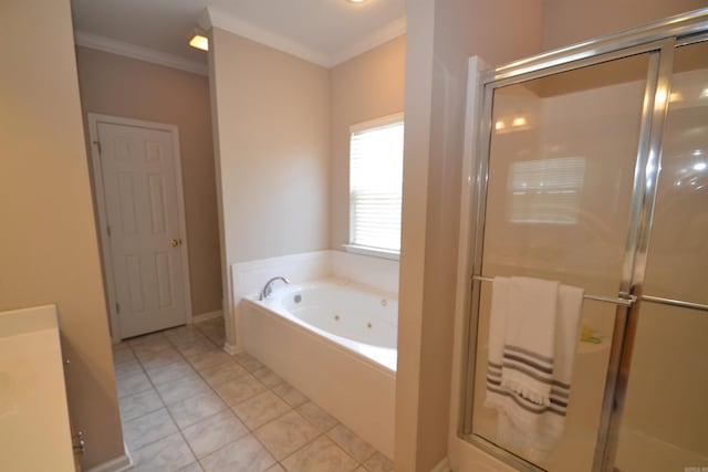 3810 Hanover Dr, Bryant, AR 72022 - full bathroom featuring a shower stall, ornamental molding, a jetted tub, and tile patterned floors