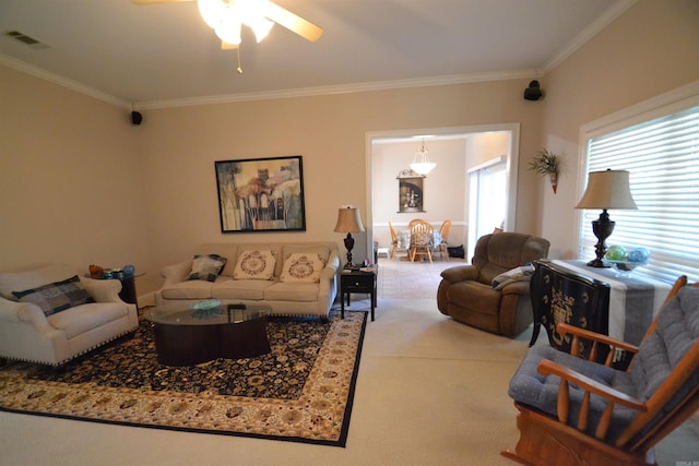 3810 Hanover Dr, Bryant, AR 72022 - living area with ceiling fan, carpet, visible vents, and ornamental molding