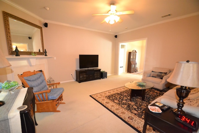3810 Hanover Dr, Bryant, AR 72022 - living room with visible vents, crown molding, ceiling fan, carpet flooring, and baseboards