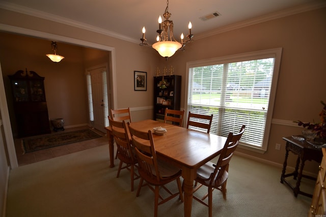 3810 Hanover Dr, Bryant, AR 72022 - dining space featuring a notable chandelier, baseboards, visible vents, crown molding, and light colored carpet