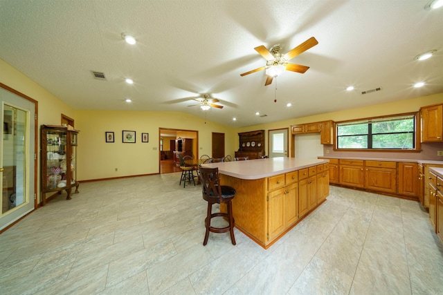 140 Bird Dove Ln, Heber Springs, AR 72543 - kitchen featuring lofted ceiling, light countertops, visible vents, and a center island