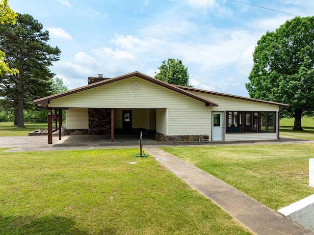 140 Bird Dove Ln, Heber Springs, AR 72543 - view of front facade with stone siding, a sunroom, a chimney, and a front yard