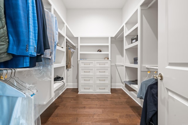 walk in closet with dark wood-style flooring