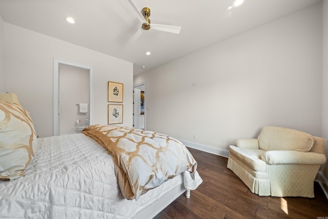 bedroom featuring a ceiling fan, wood finished floors, baseboards, and recessed lighting