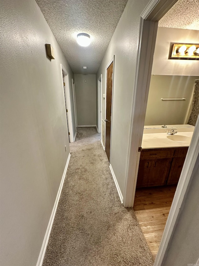 12921 Barth Rd, Alexander, AR 72002 - hall featuring a textured ceiling, carpet floors, baseboards, and a sink