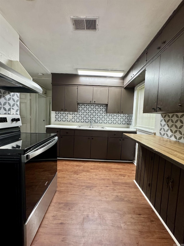 kitchen featuring visible vents, a sink, decorative backsplash, light wood-style floors, and electric range