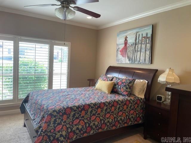 2241 Sage Meadows Cir, Sherwood, AR 72120 - bedroom with carpet, a ceiling fan, ornamental molding, and recessed lighting
