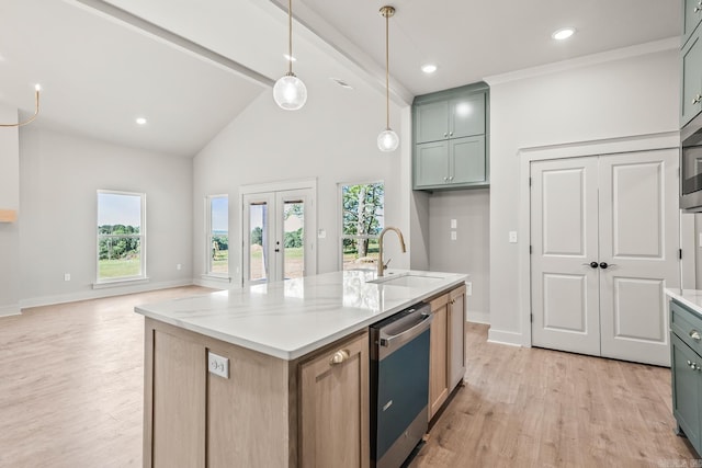 54 Lieblong Rd, Greenbrier, AR 72058 - kitchen with light wood-type flooring, appliances with stainless steel finishes, beamed ceiling, and a sink