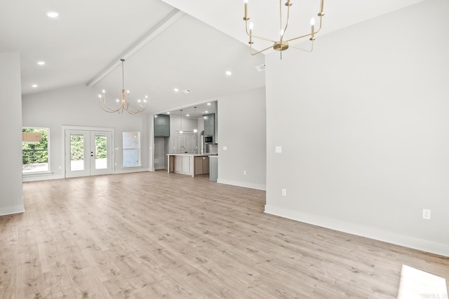 54 Lieblong Rd, Greenbrier, AR 72058 - unfurnished living room featuring recessed lighting, baseboards, a chandelier, beamed ceiling, and light wood-style floors