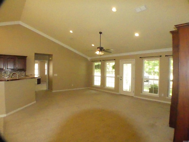 137 Gone Fishin Ln, Mena, AR 71953 - unfurnished living room with ceiling fan, baseboards, recessed lighting, healthy amount of natural light, and lofted ceiling