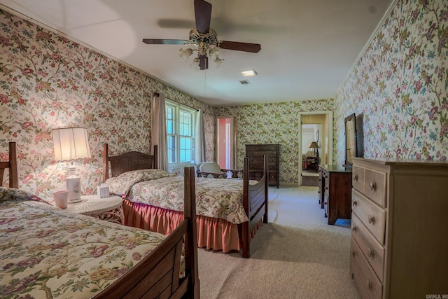 5 Southern Pines Cv, Pine Bluff, AR 71603 - bedroom with wallpapered walls, ceiling fan, visible vents, crown molding, and light carpet