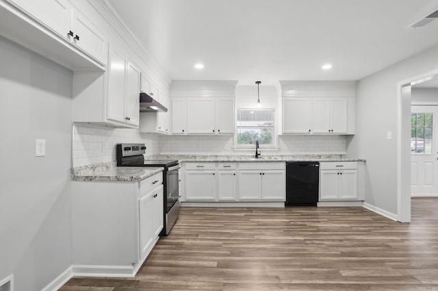 kitchen featuring a sink, black dishwasher, white cabinetry, stainless steel electric stove, and under cabinet range hood