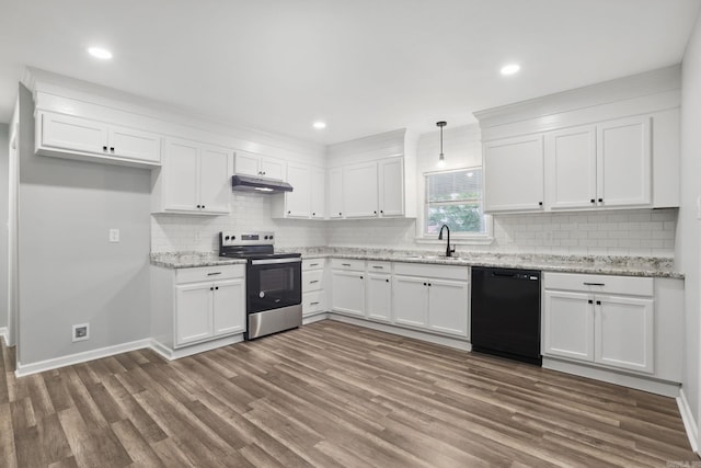 kitchen featuring white cabinetry, stainless steel range with electric stovetop, under cabinet range hood, and dishwasher