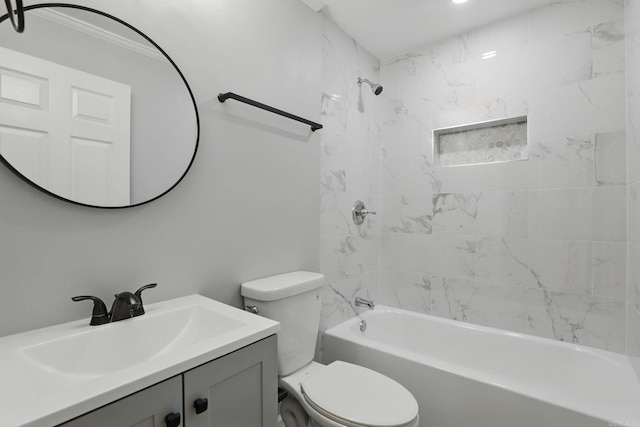 bathroom with toilet, bathing tub / shower combination, and vanity