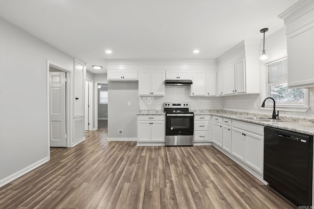 kitchen with black dishwasher, stainless steel range with electric cooktop, wood finished floors, and a sink