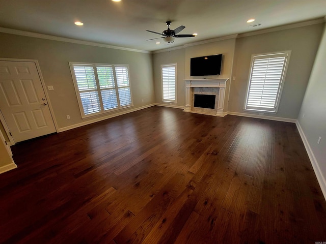 244 Mountain Terrace Cir, Maumelle, AR 72113 - unfurnished living room featuring a ceiling fan, baseboards, a fireplace, dark wood-style flooring, and recessed lighting