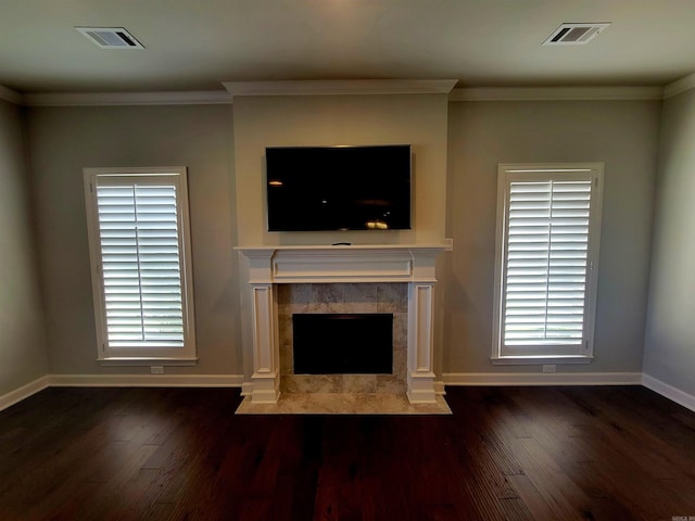 244 Mountain Terrace Cir, Maumelle, AR 72113 - unfurnished living room with baseboards, wood finished floors, a fireplace, and crown molding