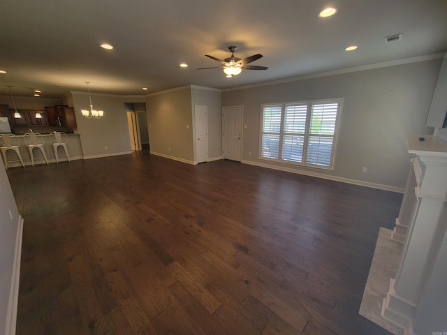 244 Mountain Terrace Cir, Maumelle, AR 72113 - unfurnished living room with a ceiling fan, crown molding, dark wood finished floors, recessed lighting, and a chandelier