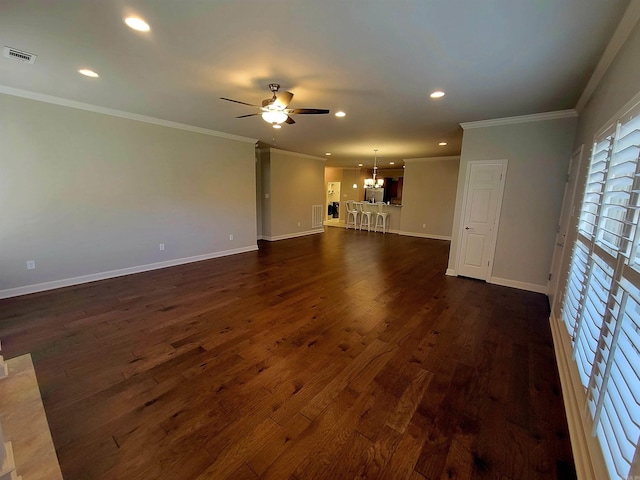 244 Mountain Terrace Cir, Maumelle, AR 72113 - unfurnished living room featuring a chandelier, ceiling fan, crown molding, dark wood-type flooring, and baseboards
