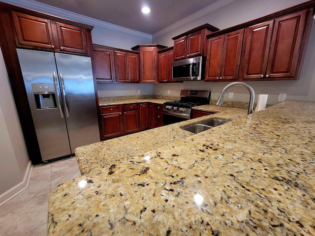 244 Mountain Terrace Cir, Maumelle, AR 72113 - kitchen featuring appliances with stainless steel finishes, a sink, dark brown cabinets, light stone counters, and ornamental molding
