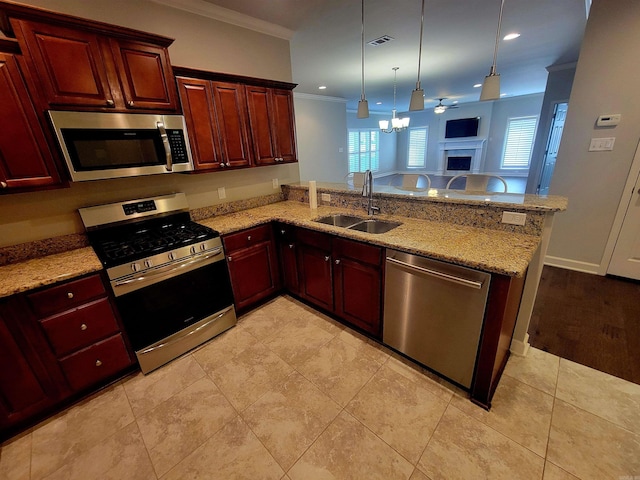 244 Mountain Terrace Cir, Maumelle, AR 72113 - kitchen with stainless steel appliances, a sink, ornamental molding, a peninsula, and open floor plan