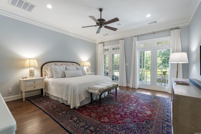 bedroom featuring french doors, crown molding, visible vents, and access to outside