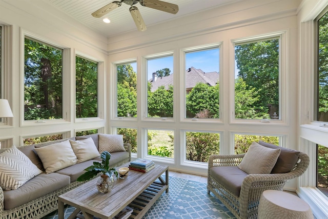 sunroom / solarium featuring ceiling fan and outdoor lounge area