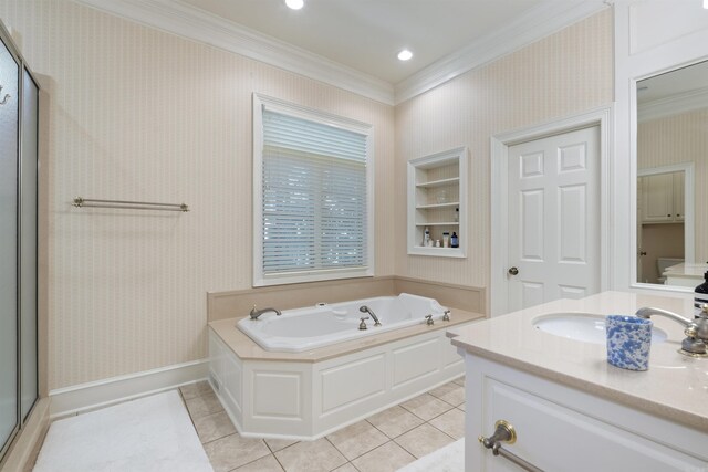 bathroom with a shower with shower door, ornamental molding, a bath, tile patterned floors, and vanity