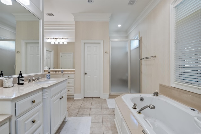 full bath featuring a shower stall, ornamental molding, a garden tub, and vanity