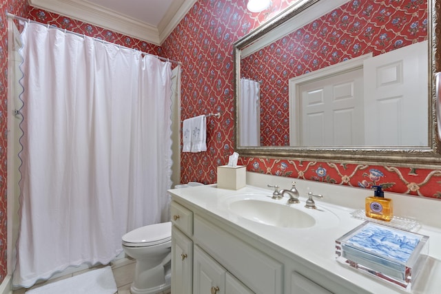 bathroom with wallpapered walls, toilet, ornamental molding, tile patterned floors, and vanity