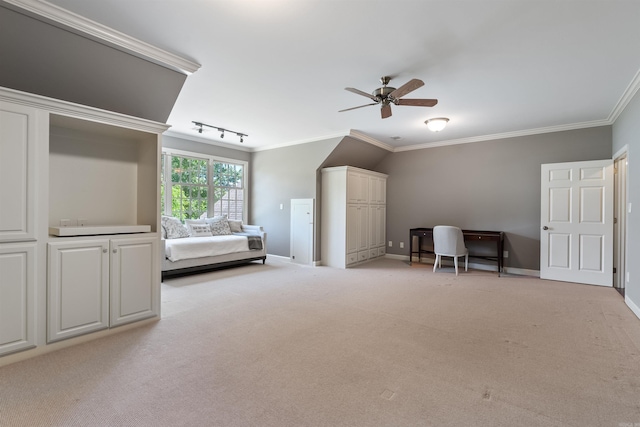 bedroom featuring light colored carpet, baseboards, a ceiling fan, and ornamental molding