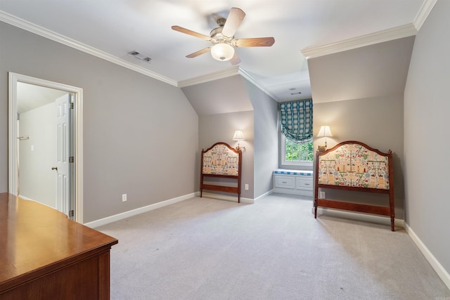 bedroom with light colored carpet, ornamental molding, baseboards, and visible vents