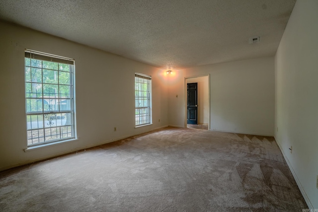 spare room featuring carpet flooring, plenty of natural light, a textured ceiling, and baseboards