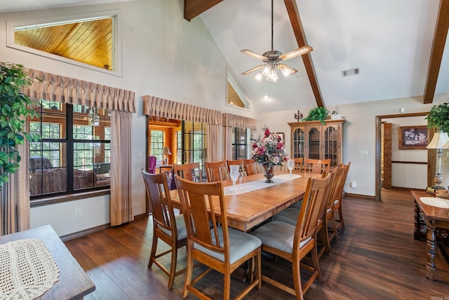 1000 Grandview Heights Dr, Conway, AR 72032 - dining space featuring beamed ceiling, ceiling fan, wood finished floors, high vaulted ceiling, and baseboards