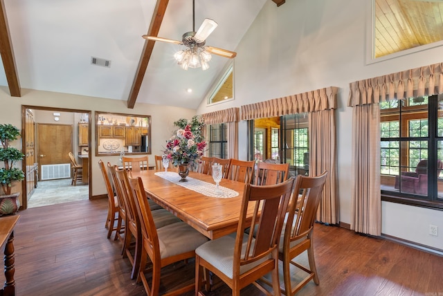 1000 Grandview Heights Dr, Conway, AR 72032 - dining area with beam ceiling, dark wood-style flooring, a ceiling fan, and high vaulted ceiling