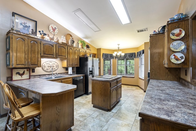 1000 Grandview Heights Dr, Conway, AR 72032 - kitchen with black dishwasher, a center island, a chandelier, a sink, and stainless steel refrigerator with ice dispenser