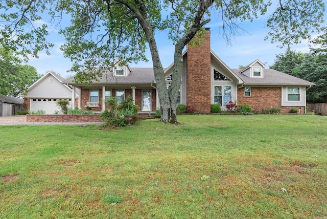 1000 Grandview Heights Dr, Conway, AR 72032 - view of front of house with brick siding, a chimney, a front lawn, driveway, and a shingled roof